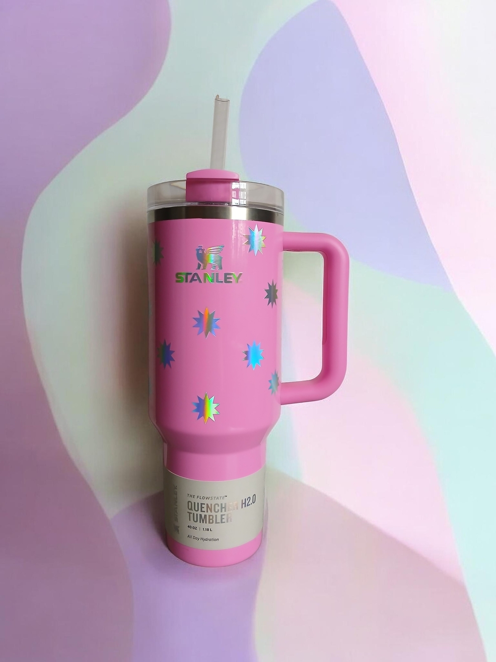 Stanley Pink Quench H2.0 Tumbler with Holographic Star Accents
